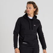 Man wearing black hoodie SU1 brand clothing