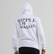Man back wearing white hoodie SU1 clothing brand