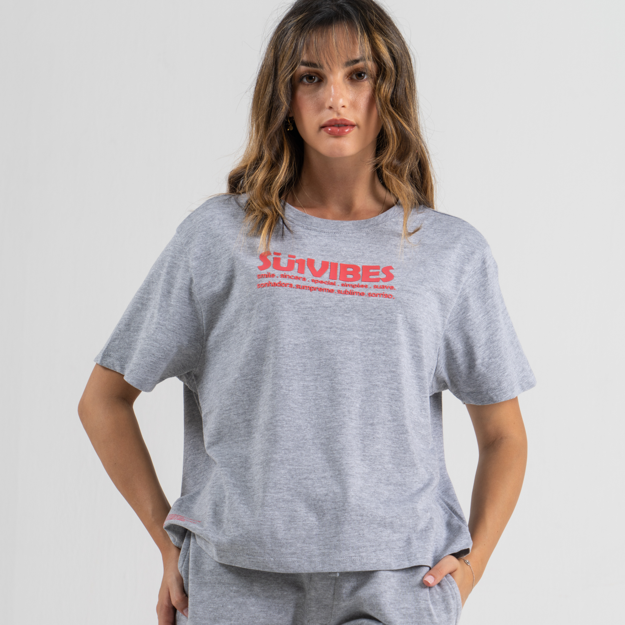 Woman wearing grey tshirt mid crop SU1 Brand clothing