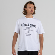 Man wearing white tshirt SU1 brand clothing