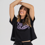 Woman wearing mid crop tshirt black SU1 clothing brand