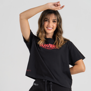 Woman wearing black tshirt mid crop SU1 Brand clothing