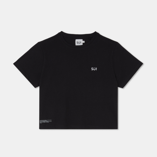 T-shirt middle crop black small logo front