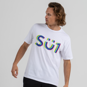 Men wearing white tshirt SU1 brand clothing